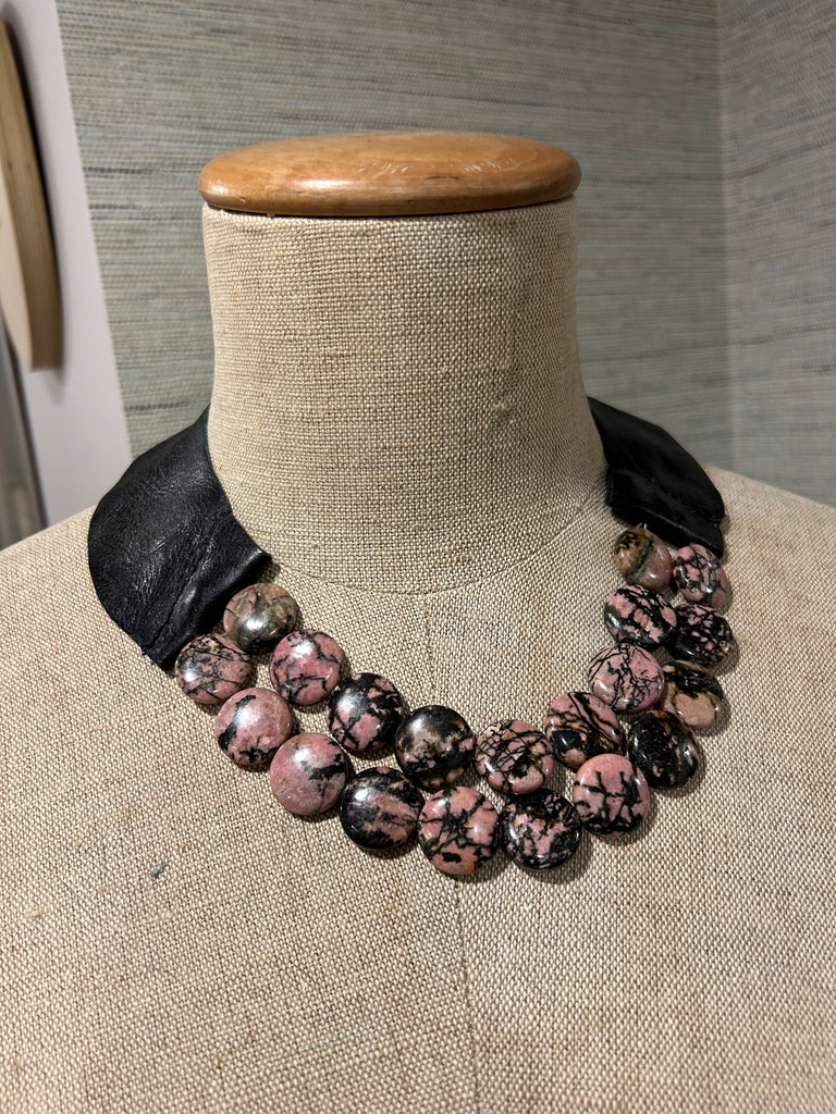 Pink Rhodonite and Leather Necklace