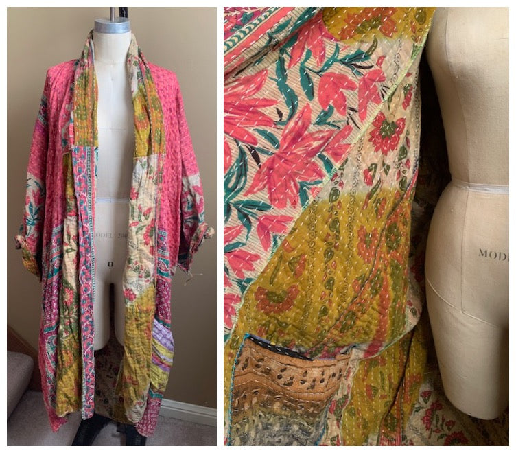 Vastra Hand-Quilted Kantha Cloth Long Robe Jacket- READY TO SHIP