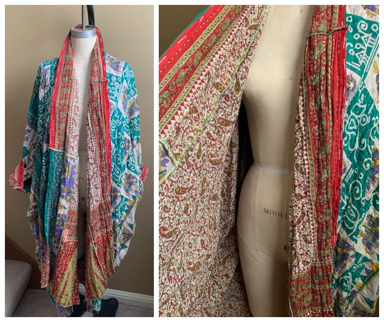 Vastra Hand-Quilted Kantha Cloth Long Robe Jacket- READY TO SHIP