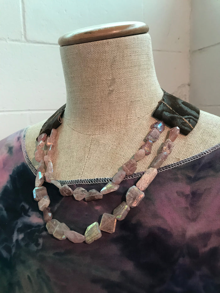 Rare Natural Strawberry Pink Mystic Quartz and Leather Necklace